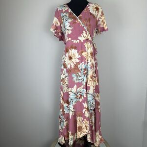 Band Of The Free Dress Womens Medium Liza Mauve Floral Wrap Surplice Maxi Boho
